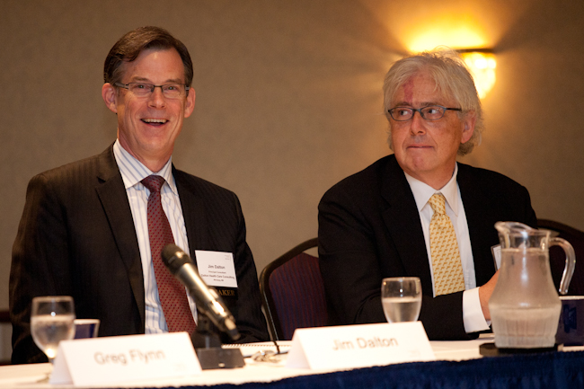 During the Executive Edge conference on clinical laboratory and pathology management in Toronto this week, there was a “Great Debate” on the value of laboratory accreditation requirements. Shown above are two of the four laboratory leaders who participated in the debate. At left is James Dalton, Ph.D.,FCAB, who is Principle of Dalton Health Care Consulting in Winnipeg, Manitoba. At right is Fred B. Swaine, M.D., FRCPC, MBA, who is the CEO of Eastern Ontario Regional Laboratory Association (EORLA) in Ottawa, Ontario.