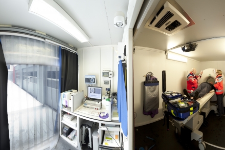 Here are two interior photographs of the mobile stroke unit (MSU) designed by the Department of Neurology and Psychiatry at the University of Saarland in Germany. The ambulance is equipped with a computed tomography (CT) scanner, point-of-care (POC) clinical laboratory test devices, and a telemedicine system. The MSU was able to shorten shortened the time from alarm to therapy decision for acute stroke patients. (photo by Land-der-Ideen.de.)