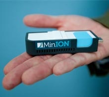 Developed by Oxford Nanopore, the MinION is a DNA sequencing system that can fit in the palm of your hand. It plugs into into a personal computer like a USB memory stick. The single-use sequencer will be on the market for under $900 sometime in the next year. (Photo copyright by Oxford Nanopore.)