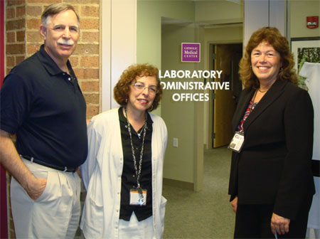 Visiting the clinical laboratory at Catholic Medical Center in Manchester, New Hampshire (from left): Robert L. Michel, Editor of Dark Daily; Amy Schultz, Laboratory Technical Operations Manager; and Roberta Provencal, Director of Laboratory Services. 