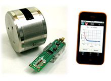 The micro-NMR device (center) receives the magnet’s (left) field and detects cancer proteins that have bonded with binding molecules. It then sends the results to an attached smartphone (right). Photo sourced from Technology Review.