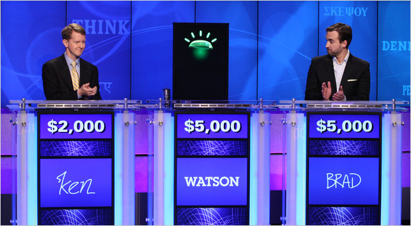 IBM’s Watson supercomputer defeated Ken Jennings (left) and Brad Rutter (right) to win $1 million for charity. Someday it may be used by physicians, including pathologists, to better treat patients. (Image sourced from The New York Times.)