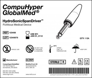 On its website, the Food and Drug Administration (FDA) provides this example of how a universal device identifier (UDI) would be incorporated on a medical device label. As shown above, such a label would contain information about the product name, its expiration date, reference and lot numbers, manufacturer information, bar code, details about the item, and an illustration of the item. Medical devices, including clinical laboratory analyzers and related products, would have unique UDIs, once implementation of the proposed rule becomes effective. (Image by the FDA.)