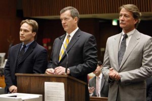 Pictured above in a Los Angeles courtroom last February: (at left) Patrick Harran, Ph.D, Professor of Chemistry and Biochemistry at UCLA; Thomas P. O'Brien, who is Harran’s attorney; (at right) Craig A. Moyer, attorney for the UC Board of Regents. (Photo by Al Seib, copyright Los Angeles Times.)