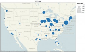 Throughout the course of 2012, the number of provider organizations contracting with Medicare to operate an accountable care organization (ACO) has increased at a steady rate. In July, Medicare officials announced another 88 ACOs, bringing the total to more than 153 organizations. The map above shows the distribution of ACOs throughout the United States. The size of the circle indicates the number of physician participants in ACOs in that region. (Map copyright by Robert Rowley MD.)