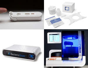 Clockwise starting from lower left: the BacterioScan 216R Laser Microbial Growth Monitor; the AtomoRapid HIV (1&2) integrated rapid antibody test; Cologuard; and, the HYBRiD-XL fully automated continuous access analyzer. (Picture copyrights UBM Canon.)