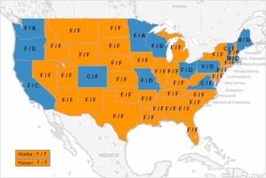 This map from the Healthcare Incentives Improvement Institute shows grading of states for level of healthcare transparency. 