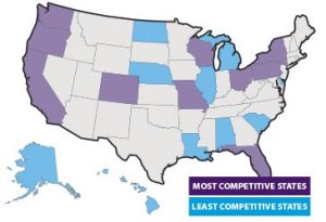 USA Map competitive health insurance states by AMA