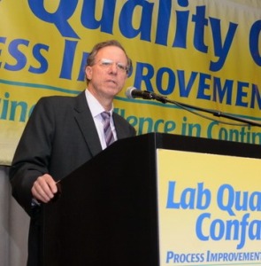 One keynote speaker at the eighth annual Lab Quality Confab in New Orleans, Louisiana, this week was Richard Zarbo, M.D. (pictured above). He is Chair of Pathology and Laboratory Medicine at Henry Ford Health System in Detroit, Michigan.  Zarbo shared the successes of his laboratory in working with physicians to create lab test formulary committees. One benefit to these committees is that more precise use of molecular tests for diagnosing cancer have reduced the unnecessary use of cancer drugs by millions of dollars annually. (Photo by Duane Stork, copyright The Dark Report.)