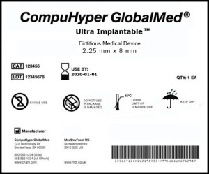 Above is an example of how a unique device identifier (UDI) label looks when placed on a medical device. The label contains information about the product name, its expiration date, reference and lot numbers, manufacturer information, bar code, and details about the item. (Image in the Public Domain)