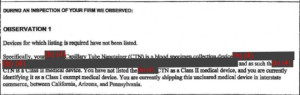 Above is an excerpt from the FDA inspection report of the Theranos facility in California. FDA inspectors wrote that the “Capillary Tube Nanotainer (CTN) … is a Class II Medical Device. You have not listed the [redacted] CTN as a Class II Medical Device.” (Image excerpted from FDA report.) One lab administrator said using a Class II device without clearance could result in a warning letter and a potential fine. The FDA declined to comment, according to The Wall Street Journal  (WSJ).