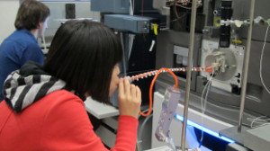 A volunteer blows into a mass spectrometer. This allowed researchers to analyze her unique breathprint to determine her health status. (Photo copyright TheScientist.com.)