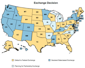 Shown above is a map that identifies how individual states are responding to the section of the Affordable Care Act (ACA) that addresses the establishment of a state health insurance exchange. Just 18 states are planning to introduce and manage their own state health exchange. In response to this development, many private health insurance plans are narrowing their networks. In particular, private payers want to exclude high-priced hospitals, physicians, and even local medical laboratories that do not offer lab test prices that are as cheap as national labs. (Graphic by Obamacarefacts.com.)