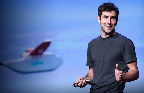 Zipline co-founder and CEO Keller Rinaudo (above) speaking at a 2017 TEDTalk on partnering with Rwanda and Tanzania to deliver life-saving medical supplies—including blood and medical laboratory products—by drone up to 500 times each day. Click on image above to view video. (Photo copyright: TEDTalk.)