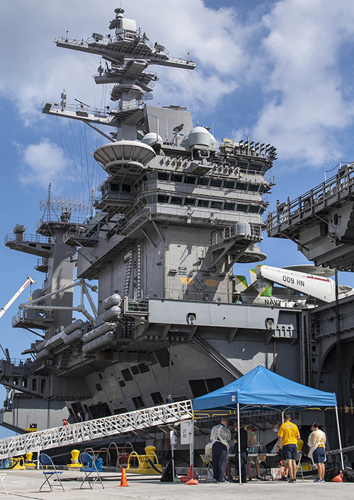 aircraft carrier USS Theodore Roosevelt (CVN 71) during the investigation into the COVID-19 outbreak in April 2020